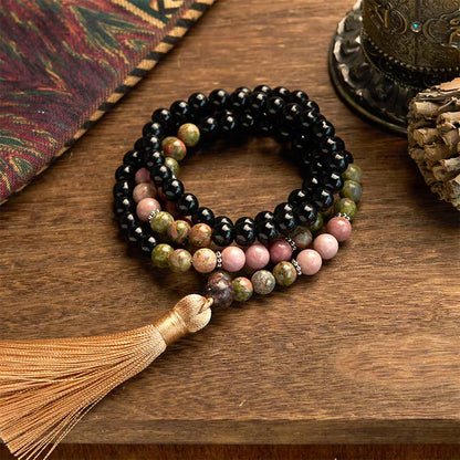 Bracelet de guérison à pompon kaki en jaspe noir et rhodonite, 108 perles de Mala 