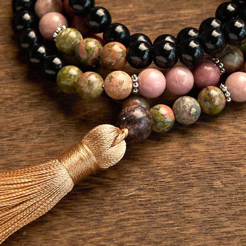 Bracelet de guérison à pompon kaki en jaspe noir et rhodonite, 108 perles de Mala 
