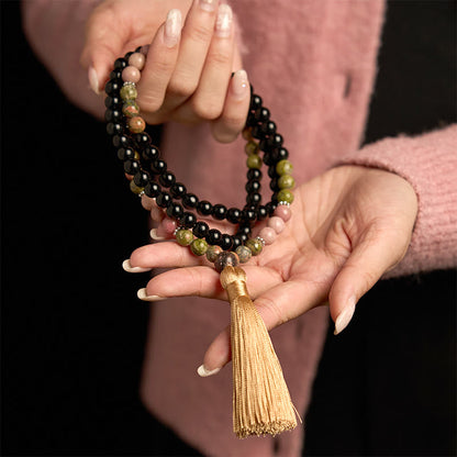 Bracelet de guérison à pompon kaki en jaspe noir et rhodonite, 108 perles de Mala 