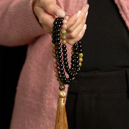 Bracelet de guérison à pompon kaki en jaspe noir et rhodonite, 108 perles de Mala 