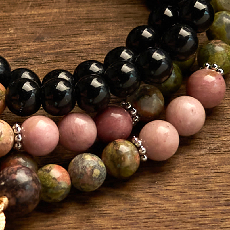 Bracelet de guérison à pompon kaki en jaspe noir et rhodonite, 108 perles de Mala 