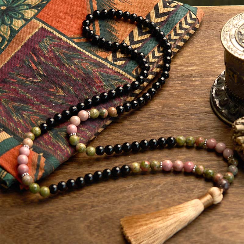 Bracelet de guérison à pompon kaki en jaspe noir et rhodonite, 108 perles de Mala 