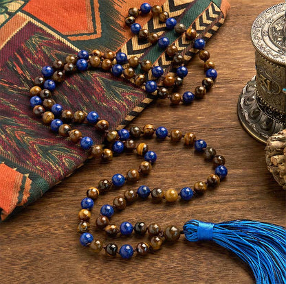 Bracelet Mala de protection à pompon en pierre naturelle œil de tigre et lazurite, 108 perles 