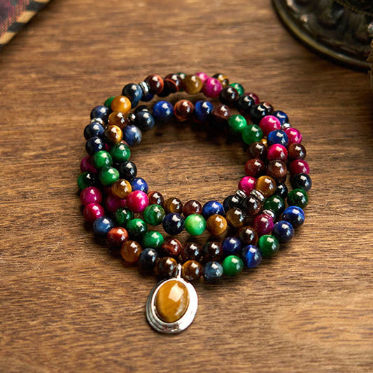 Bracelet de protection multi-tours en pierres naturelles œil de tigre colorées, 108 perles Mala 
