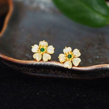 Buddha Stones 925 Sterling Silver Gold Hetian Jade Green Chalcedony Peach Blossom Luck Earrings