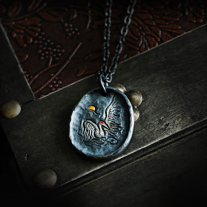 Buddha Stones 999 Sterling Silber 24 Karat Gold Kranich Glücksbringende Wolken Balance Halskette Anhänger