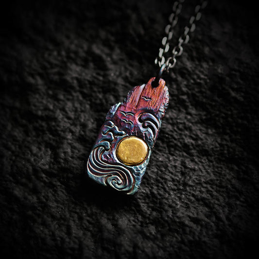 Buddha Stones 999 Sterling Silver 24k Gold Waves Sun Balance Necklace Pendant