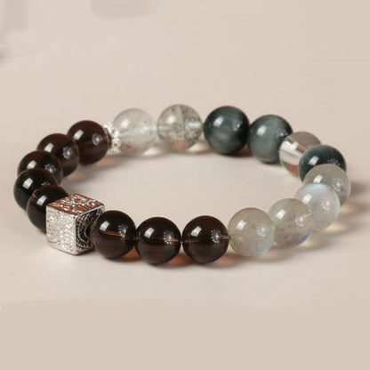 Buddha Stones Schwarzer Obsidian Schwarzer Rutilquarz Mondstein Würfel Stärke Armband 