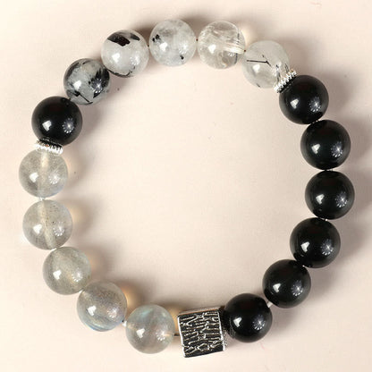 Buddha Stones Schwarzer Obsidian Schwarzer Rutilquarz Mondstein Würfel Stärke Armband 