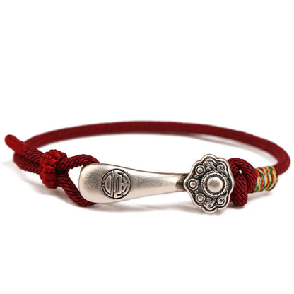 Buddha Stones 999 Sterling Silver Ruyi Stick String Protection Braided Bracelet