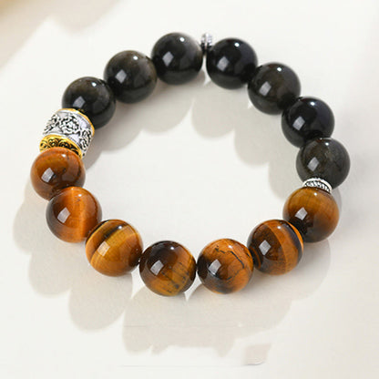 Bracelet Bouddha Stones Oeil de Tigre Obsidienne Doré Brillant Om Mani Padme Hum