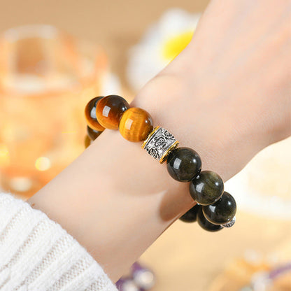 Bracelet Bouddha Stones Oeil de Tigre Obsidienne Doré Brillant Om Mani Padme Hum