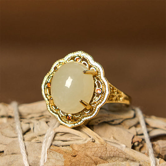 Buddha Stones Natural Hetian Jade Vintage Egg Copper Open Luck Ring