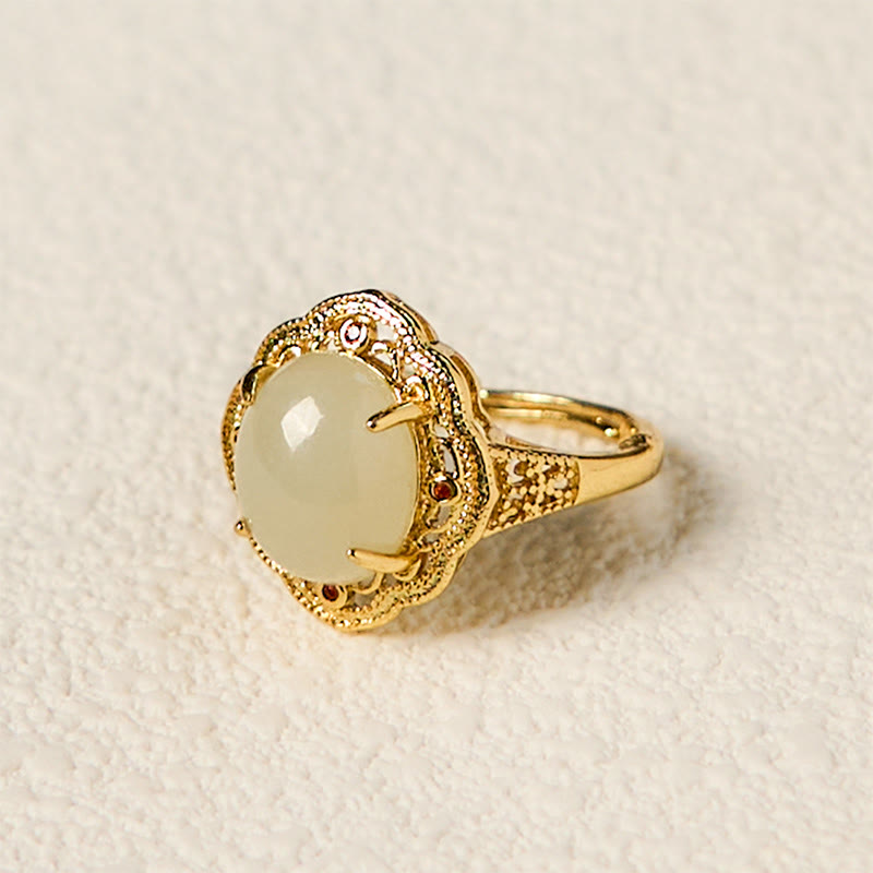 Buddha Stones Natural Hetian Jade Vintage Egg Copper Open Luck Ring