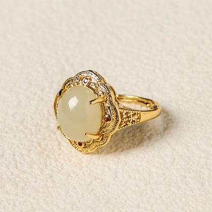 Buddha Stones Natural Hetian Jade Vintage Egg Copper Open Luck Ring