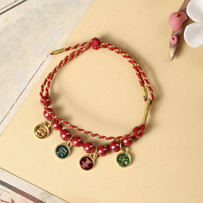 Bracelet tressé réglable en fil rouge avec pierres de Bouddha, paix et joie, cinabre