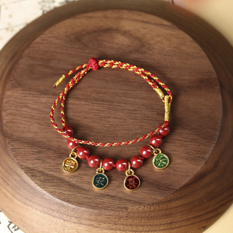 Bracelet tressé réglable en fil rouge avec pierres de Bouddha, paix et joie, cinabre