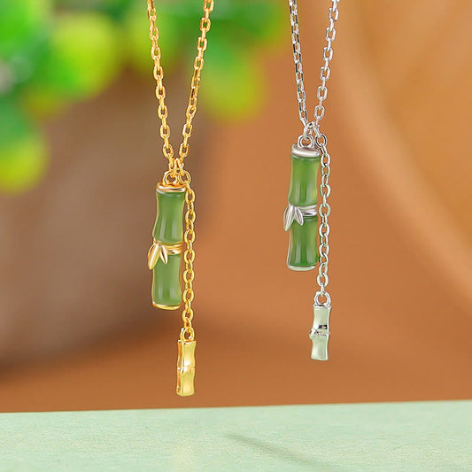 Buddha Stones Hetian Jade 925 Sterling Silver Bamboo Abundance Necklace Pendant