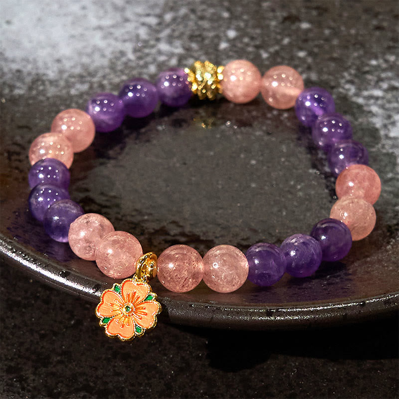 Bracelet de guérison à breloques en forme de fleur de quartz fraise et améthyste de l'année du serpent 