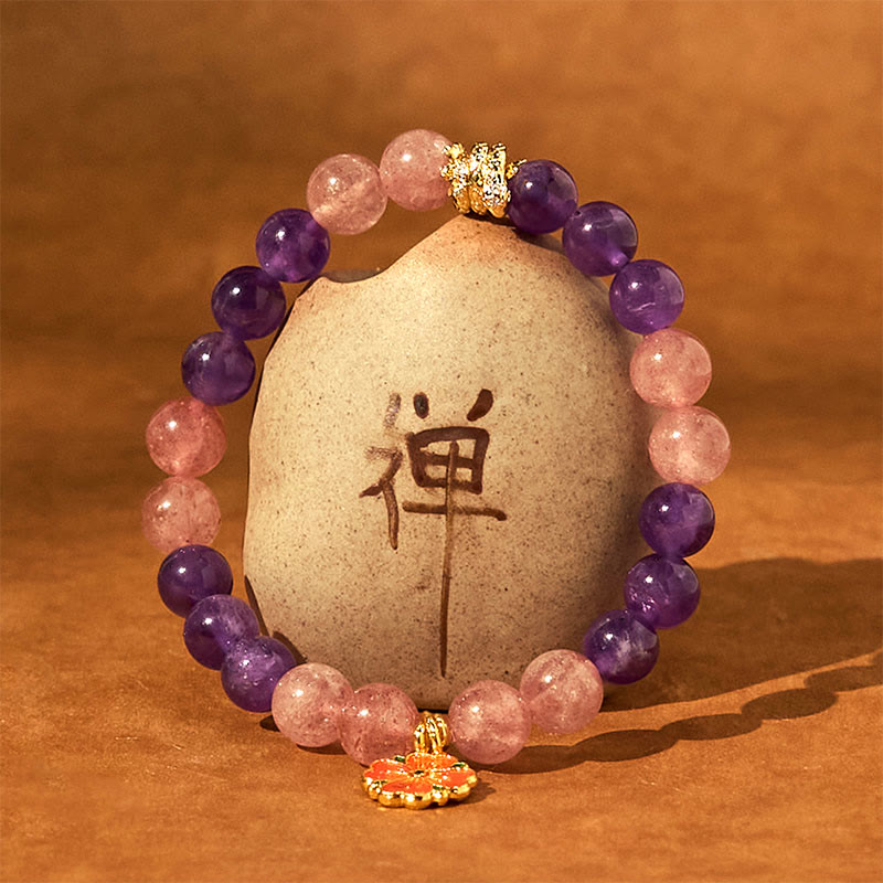 Bracelet de guérison à breloques en forme de fleur de quartz fraise et améthyste de l'année du serpent 