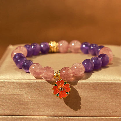 Bracelet de guérison à breloques en forme de fleur de quartz fraise et améthyste de l'année du serpent 