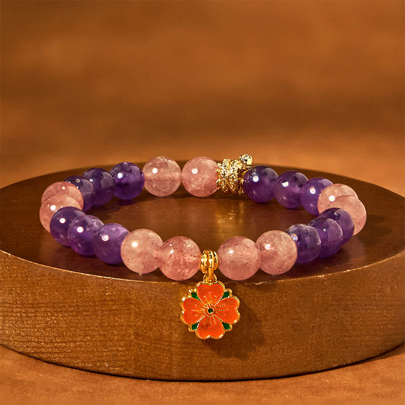 Bracelet de guérison à breloques en forme de fleur de quartz fraise et améthyste de l'année du serpent 