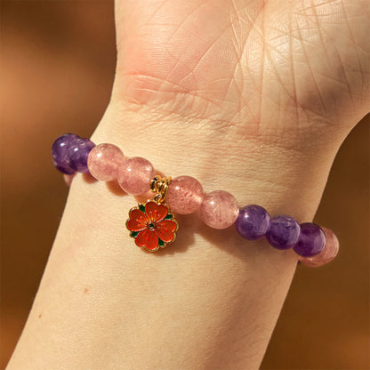 Bracelet de guérison à breloques en forme de fleur de quartz fraise et améthyste de l'année du serpent 