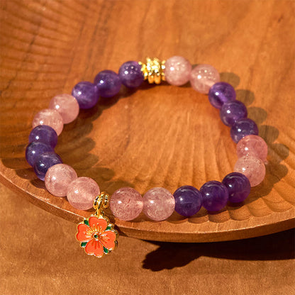 Bracelet de guérison à breloques en forme de fleur de quartz fraise et améthyste de l'année du serpent 