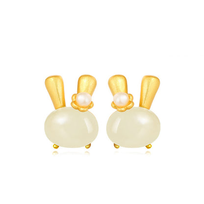 Buddha Stones 925 Sterling Silver Natural Hetian Jade Cute Rabbit Pearl Abundance Earrings