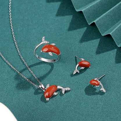 Ensemble collier, bague et boucles d'oreilles porte-bonheur en argent sterling 925 avec pendentif et bague en jade Hetian rouge et agate 