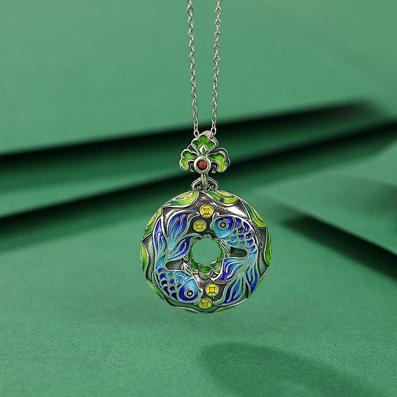 Buddha Stones 990 Sterling Silver Koi Fish Copper Coin Peace Buckle Luck Wealth 925 Sterling Silver Necklace Pendant