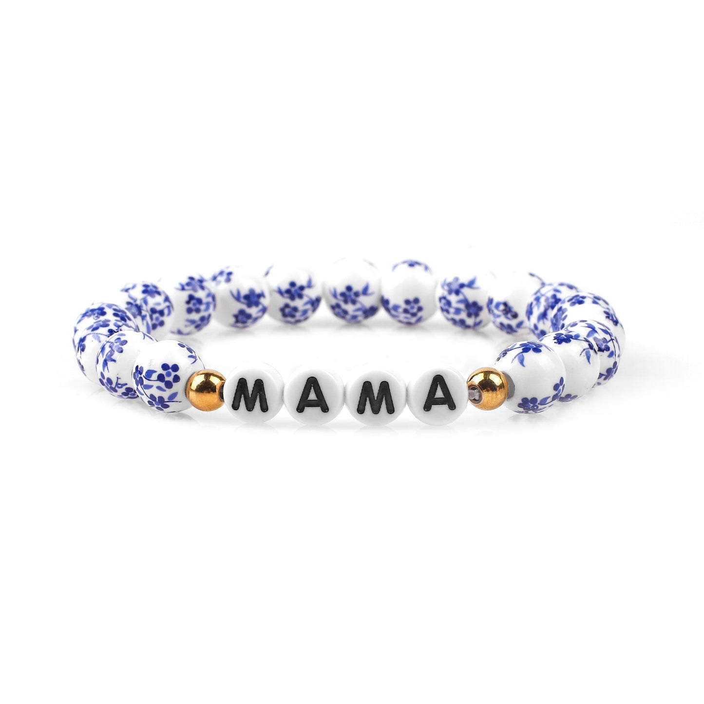 Bracelet personnalisé en porcelaine bleue avec perles florales et prénom