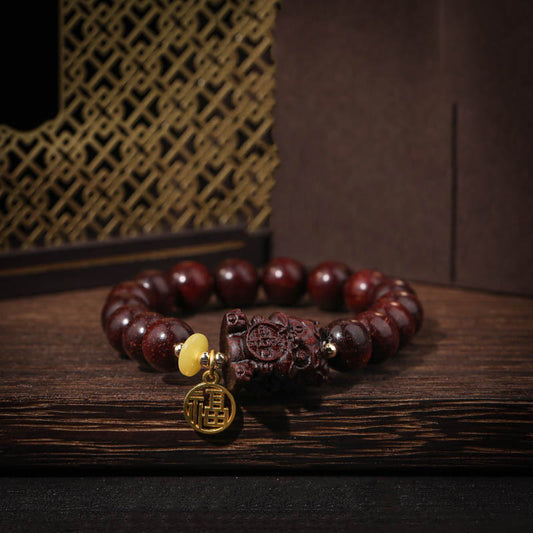 Buddha Stones Small Leaf Red Sandalwood Gold Swallower Calm Bracelet