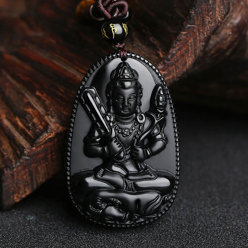 Collier pendentif en obsidienne noire naturelle avec pierres de Bouddha et zodiaque chinois