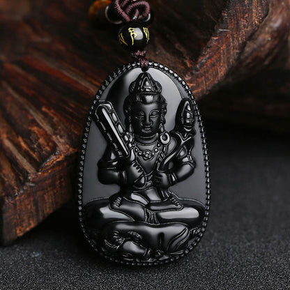 Collier pendentif en obsidienne noire naturelle avec pierres de Bouddha et zodiaque chinois
