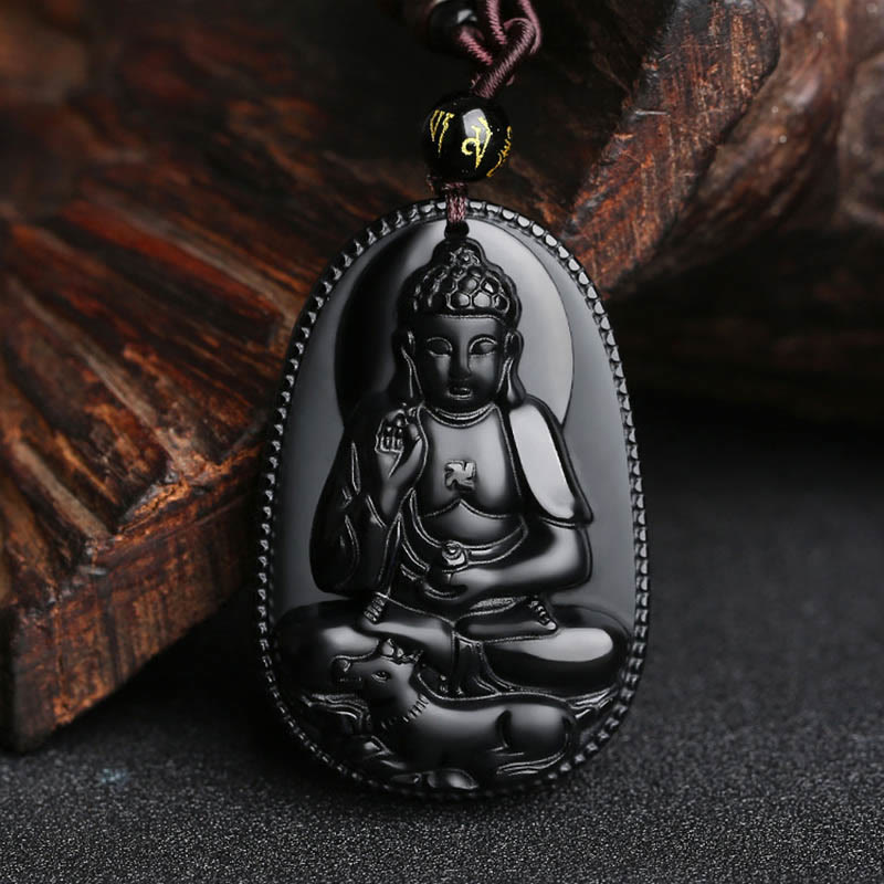 Collier pendentif en obsidienne noire naturelle avec pierres de Bouddha et zodiaque chinois