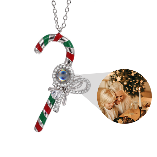 Personalisierte Weihnachtsgeschenk-Halskette mit Zuckerstangen-Anhänger und Foto im Inneren