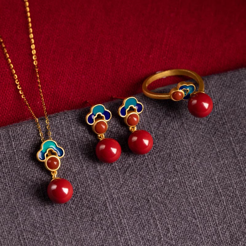 Ensemble collier, boucles d'oreilles et bague en agate rouge cinabre plaqué or et argent sterling 925 avec pierres de Bouddha 