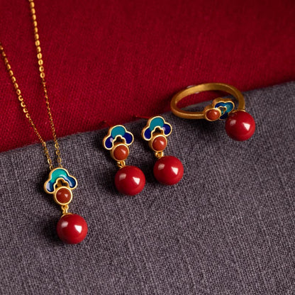 Ensemble collier, boucles d'oreilles et bague en agate rouge cinabre plaqué or et argent sterling 925 avec pierres de Bouddha 