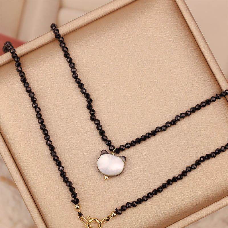 Collier ras du cou en spinelle noir avec pierres de Bouddha et motif chat mignon 