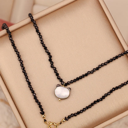 Collier ras du cou en spinelle noir avec pierres de Bouddha et motif chat mignon 