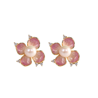 Buddha Stones 925 Sterling Silver Pearl Red Flower Petals Design Wisdom Necklace Pendant Earrings Set