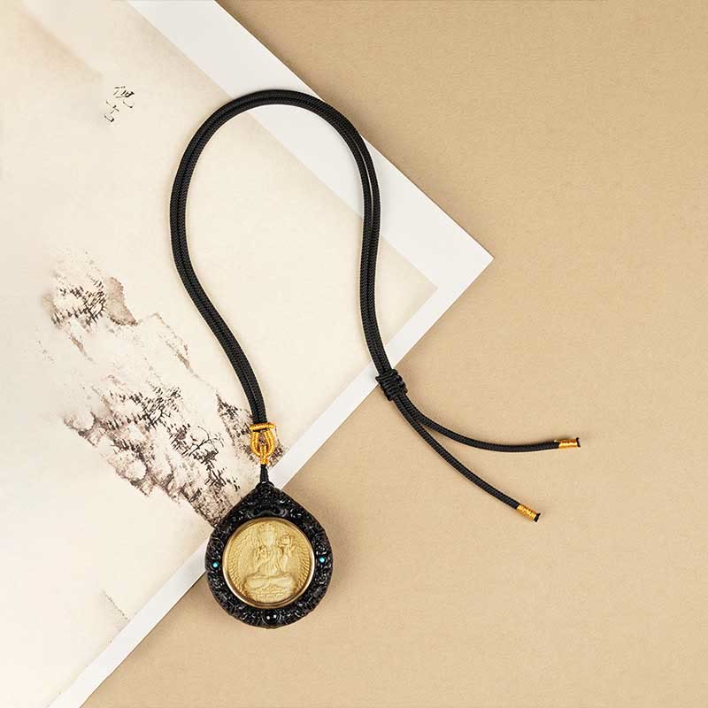 Buddha Stones Chinese Zodiac Avalokitesvara Small Leaf Red Sandalwood Ebony Longevity Necklace Pendant