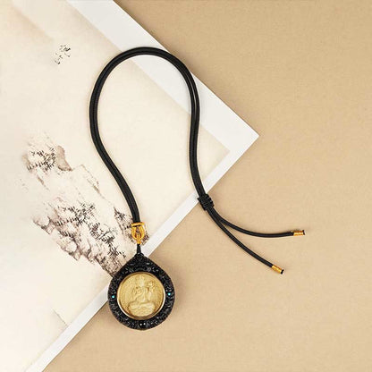 Buddha Stones Chinese Zodiac Avalokitesvara Small Leaf Red Sandalwood Ebony Longevity Necklace Pendant