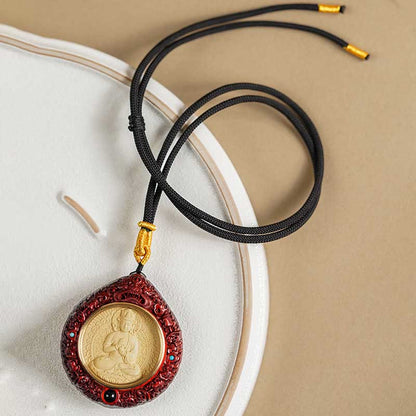 Buddha Stones Chinese Zodiac Avalokitesvara Small Leaf Red Sandalwood Ebony Longevity Necklace Pendant
