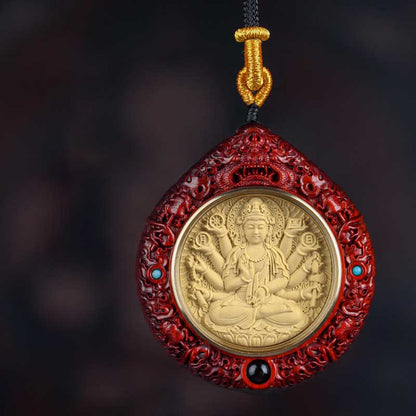 Buddha Stones Chinese Zodiac Avalokitesvara Small Leaf Red Sandalwood Ebony Longevity Necklace Pendant