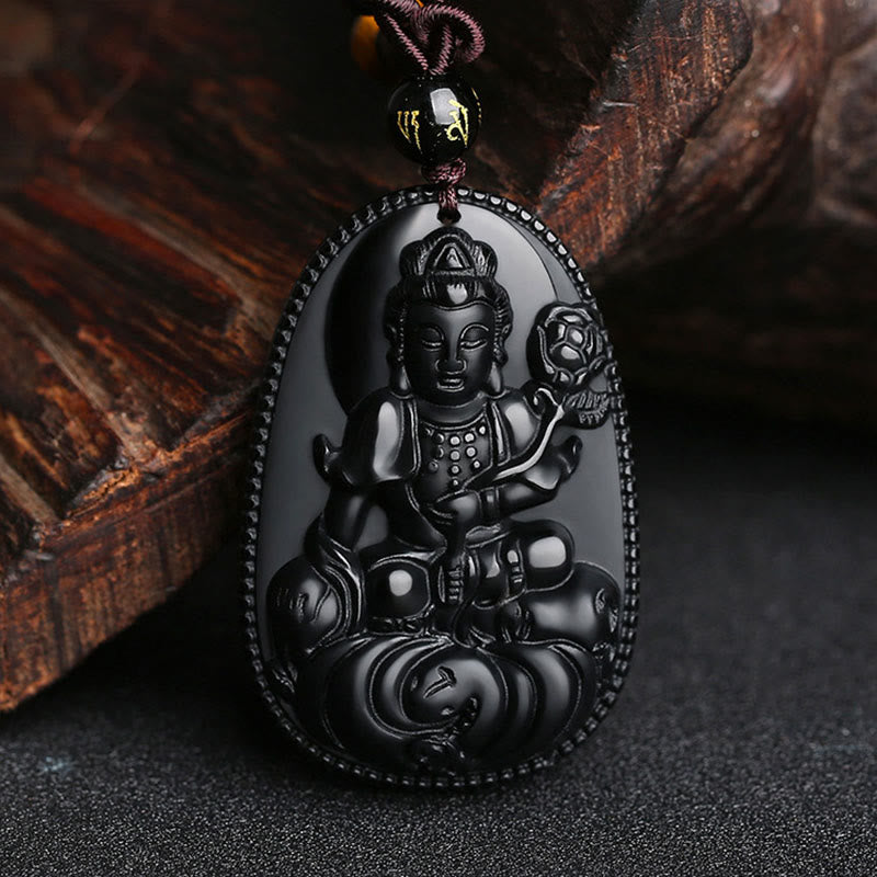 Collier pendentif en obsidienne noire naturelle avec pierres de Bouddha et zodiaque chinois