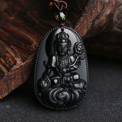 Collier pendentif en obsidienne noire naturelle avec pierres de Bouddha et zodiaque chinois