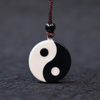 Buddha Stones Natural Black Obsidian White Turquoise Yin Yang Fulfilment Strength Necklace Pendant