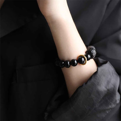 Buddha Stones Black Obsidian Silver Sheen Obsidian Lion Strength Bracelet